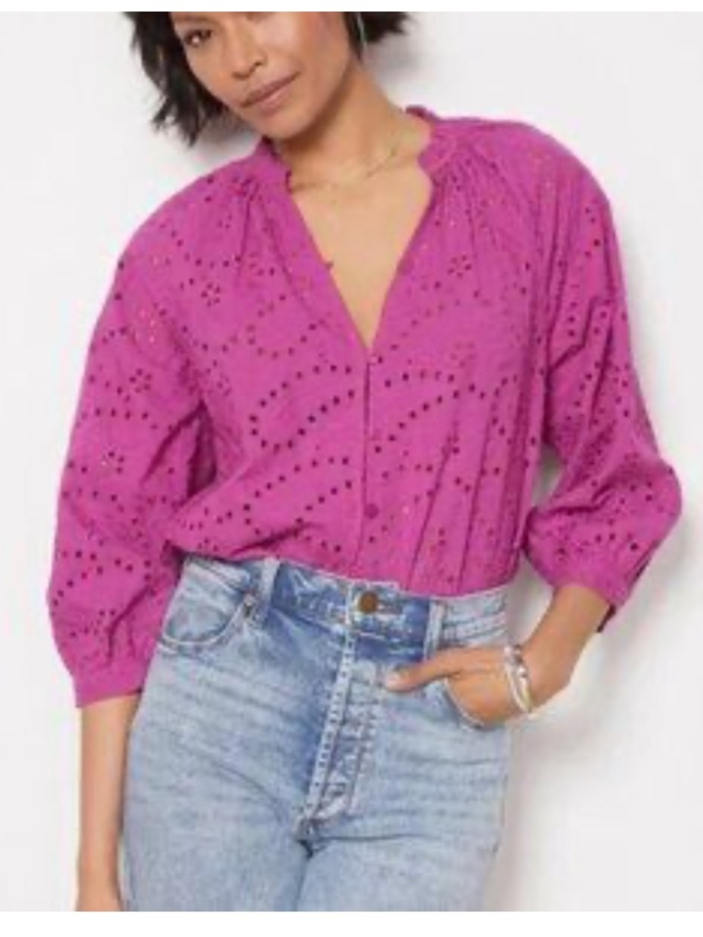 Evereve Embroidered Paisley Puff Sleeve Button Down Poplin Blouse Purple Medium